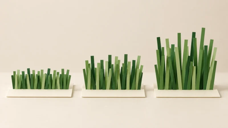Trois cartes portant des franges de papier vert de hauteurs différentes