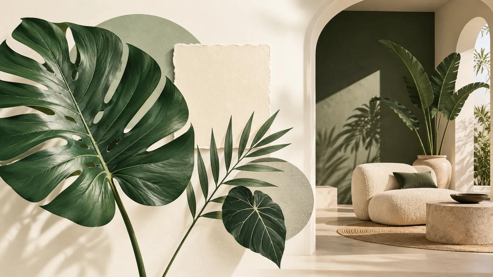 Planche d’ambiance avec feuilles tropicales, teinte murale et angle de pièce