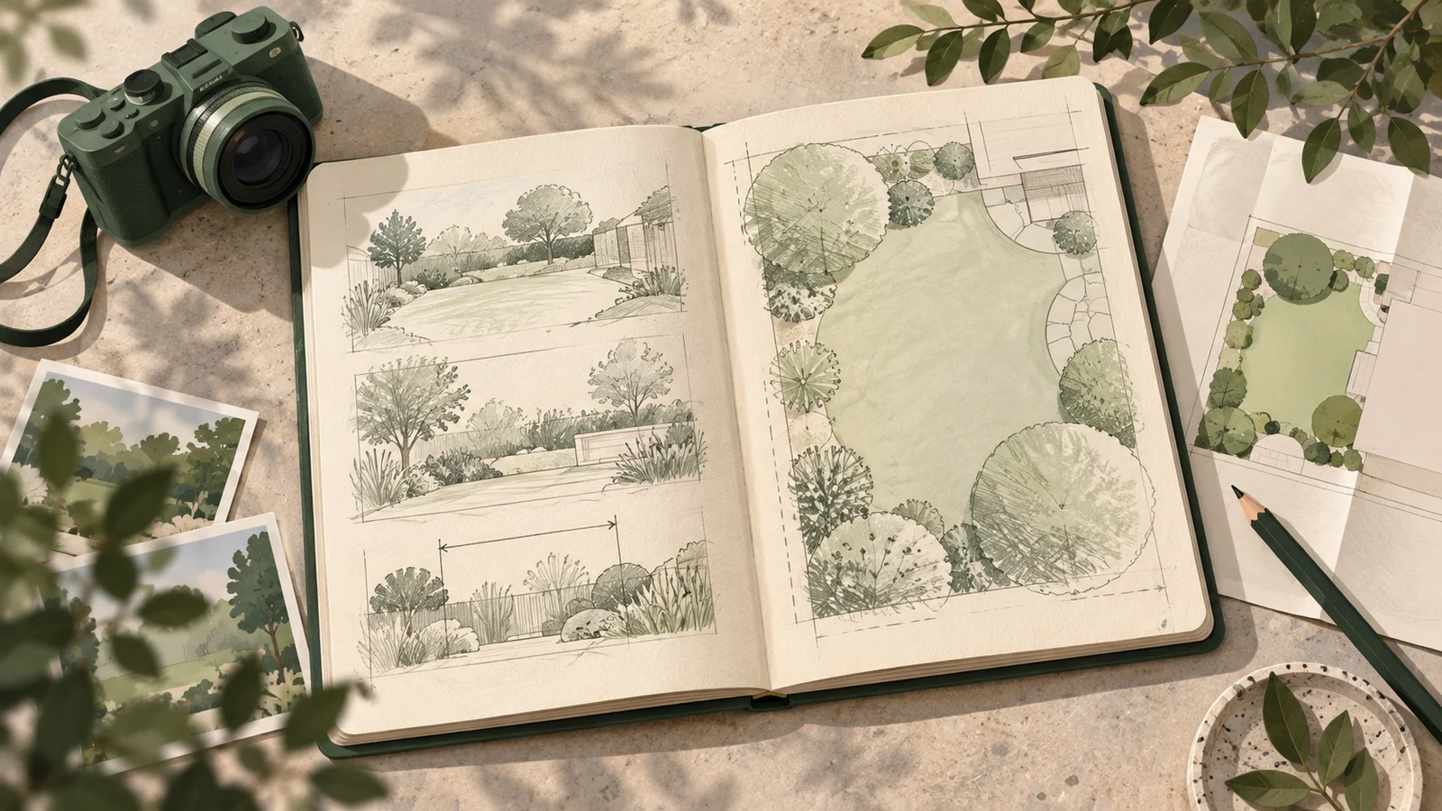 Carnet d’analyse de jardin accompagné d’un appareil et d’un plan plié