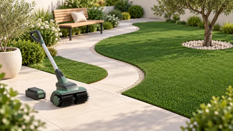 Illustration conceptuelle d’une brosseuse sur batterie près d’un jardin avec obstacles