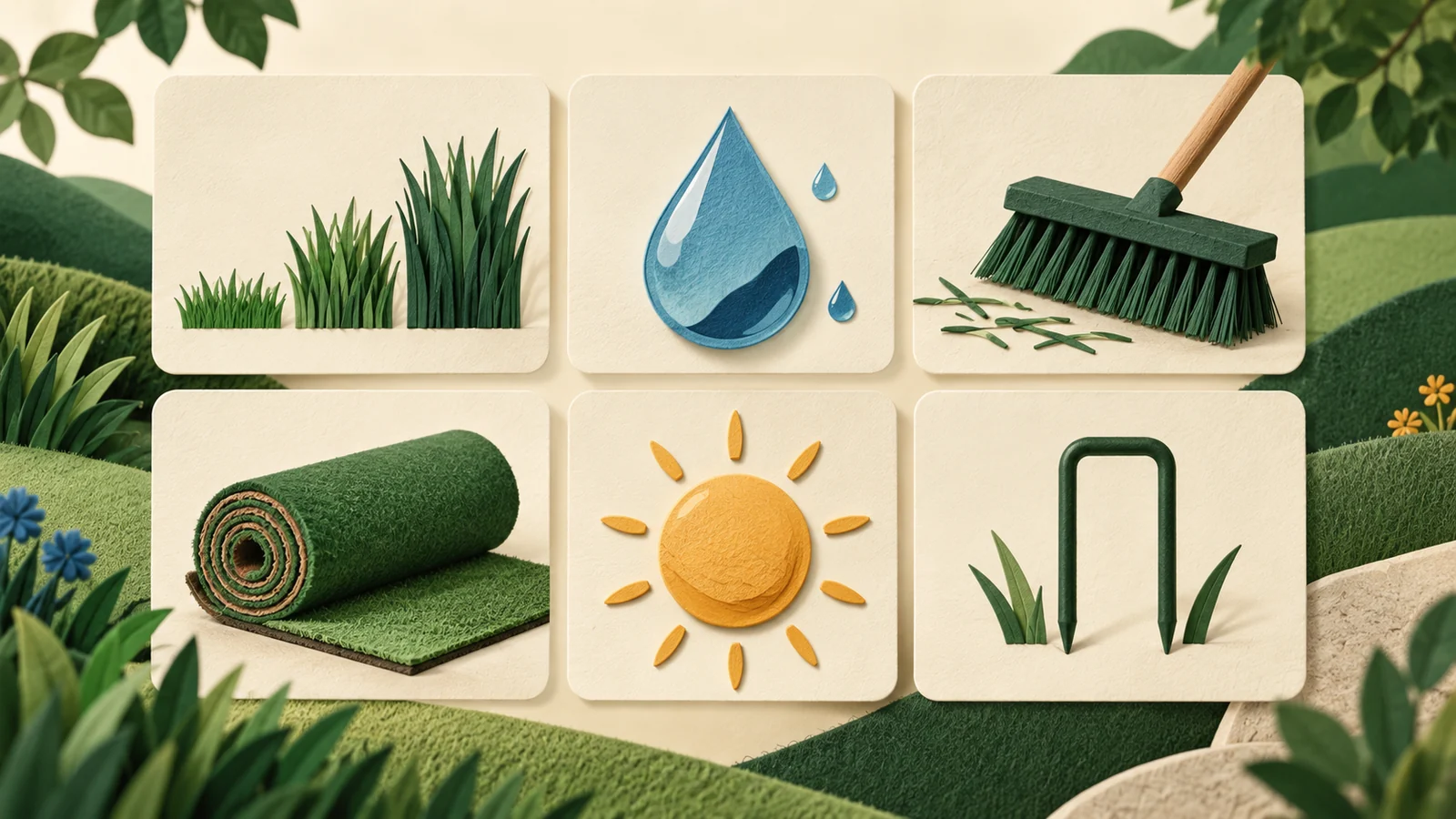 Six cartes illustrées évoquant hauteur, eau, entretien, coupes, chaleur et accessoires