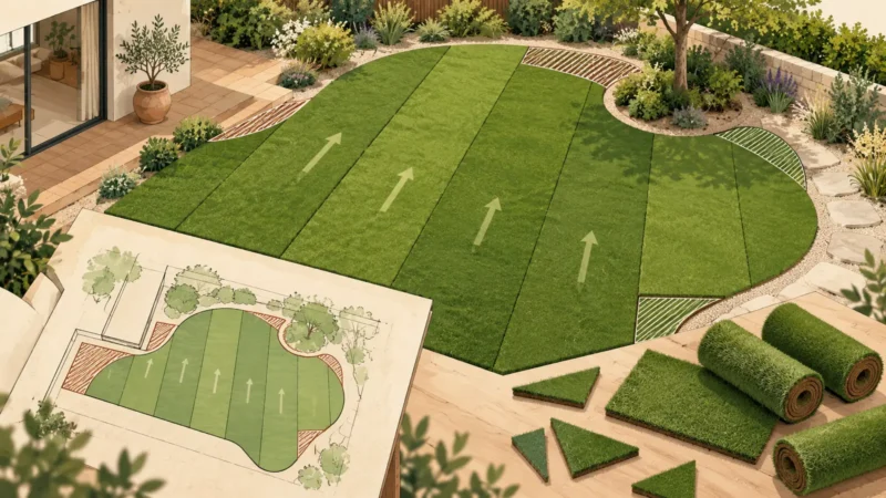 Illustration du calepinage : lés orientés dans le même sens, contours du jardin et découpes reportées sur un plan.