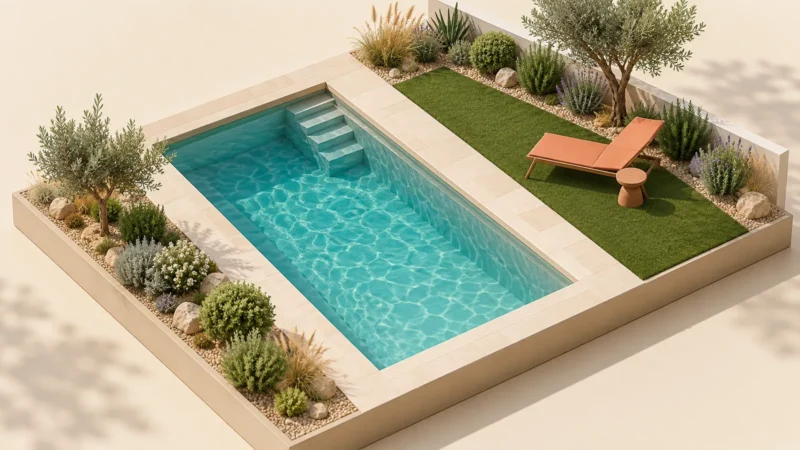 Maquette illustrée d’une piscine entourée de pierre, avec une zone gazonnée réservée à la détente