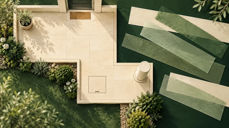 Plan de terrasse en L avec bandes vertes orientées dans le même sens