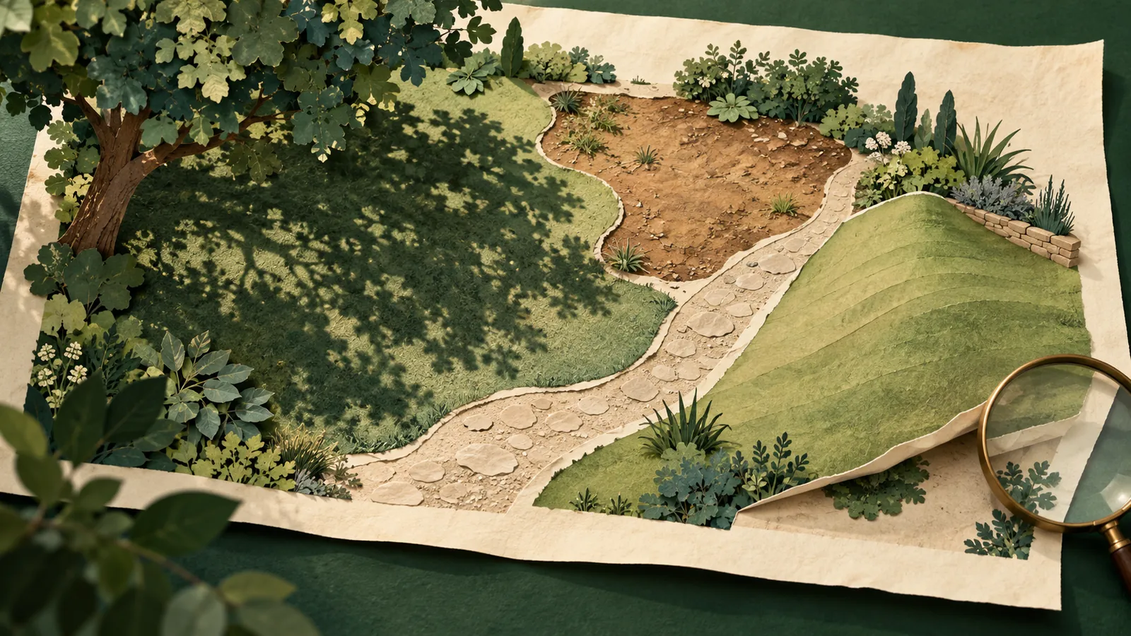 Carte de jardin distinguant ombre, terrain remanié, pente et passage