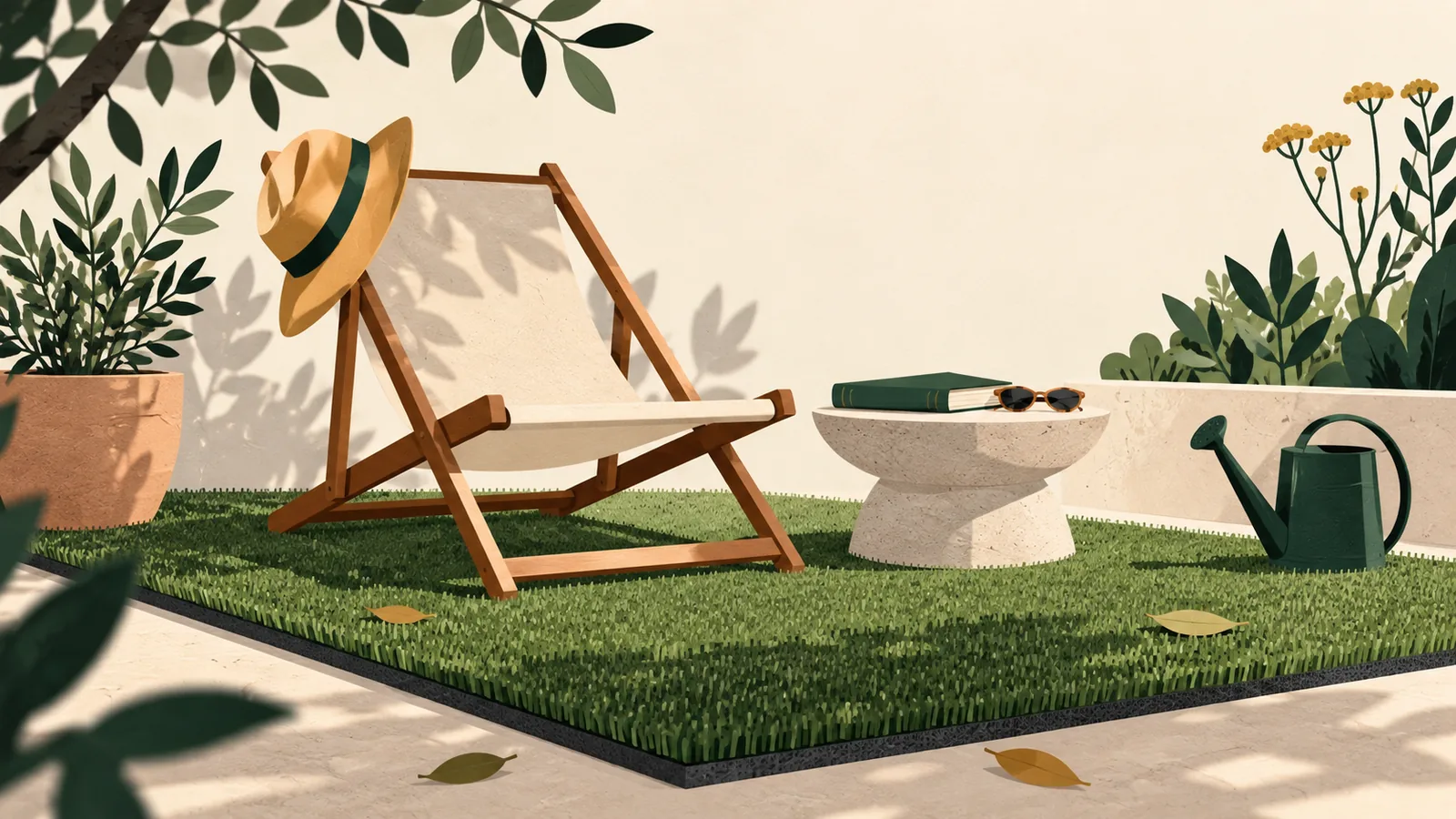 Chaise longue vide, livre fermé et petit espace de gazon synthétique