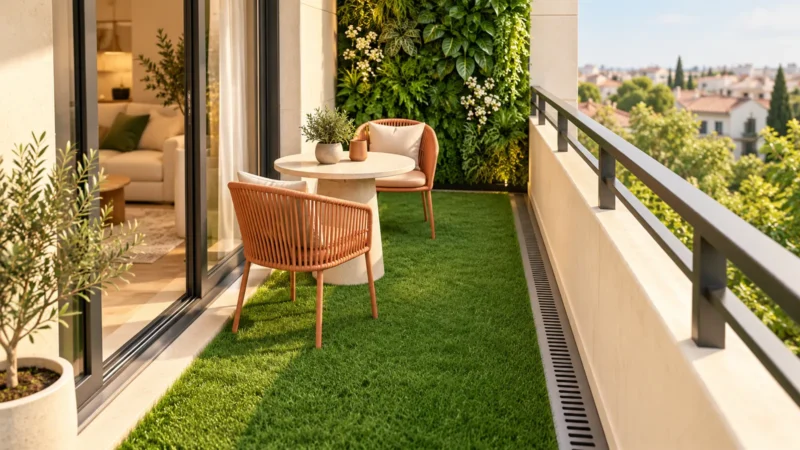 Balcon illustré associant gazon, décor de feuillage et passage dégagé
