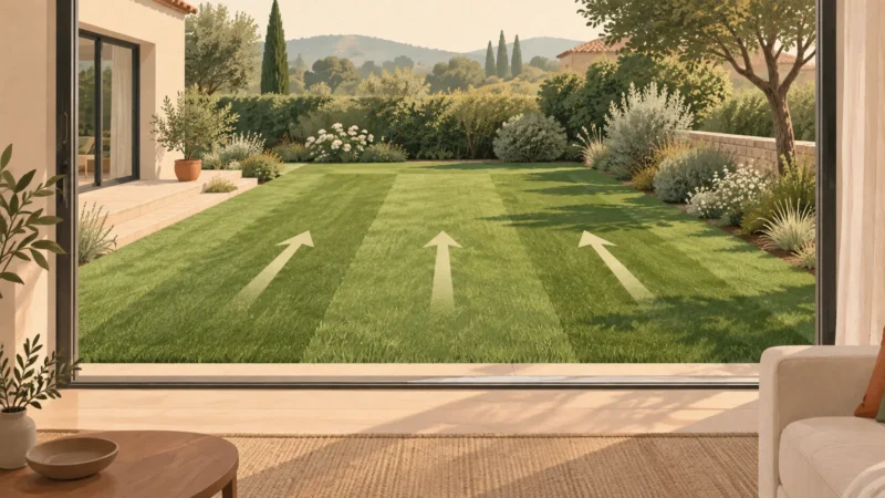 Illustration de trois lés orientés dans le même sens, vus depuis la pièce donnant sur le jardin.