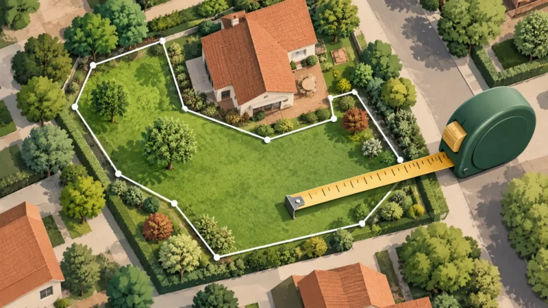 Illustration vue du dessus : contour de jardin tracé sur une carte dessinée et mètre pour vérifier sur place.