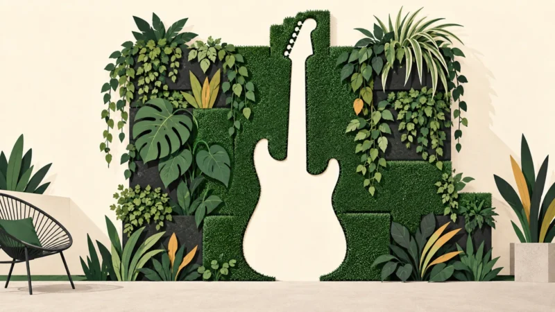 Silhouette de guitare dessinée en réserve dans une composition de feuillages artificiels