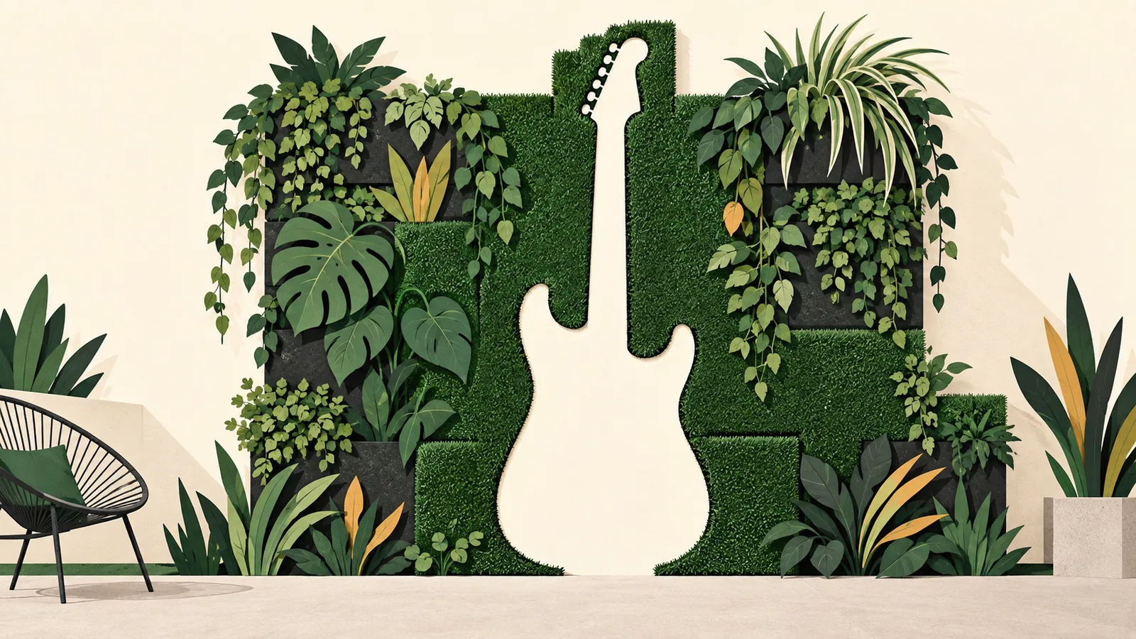 Silhouette de guitare dessinée en réserve dans une composition de feuillages artificiels