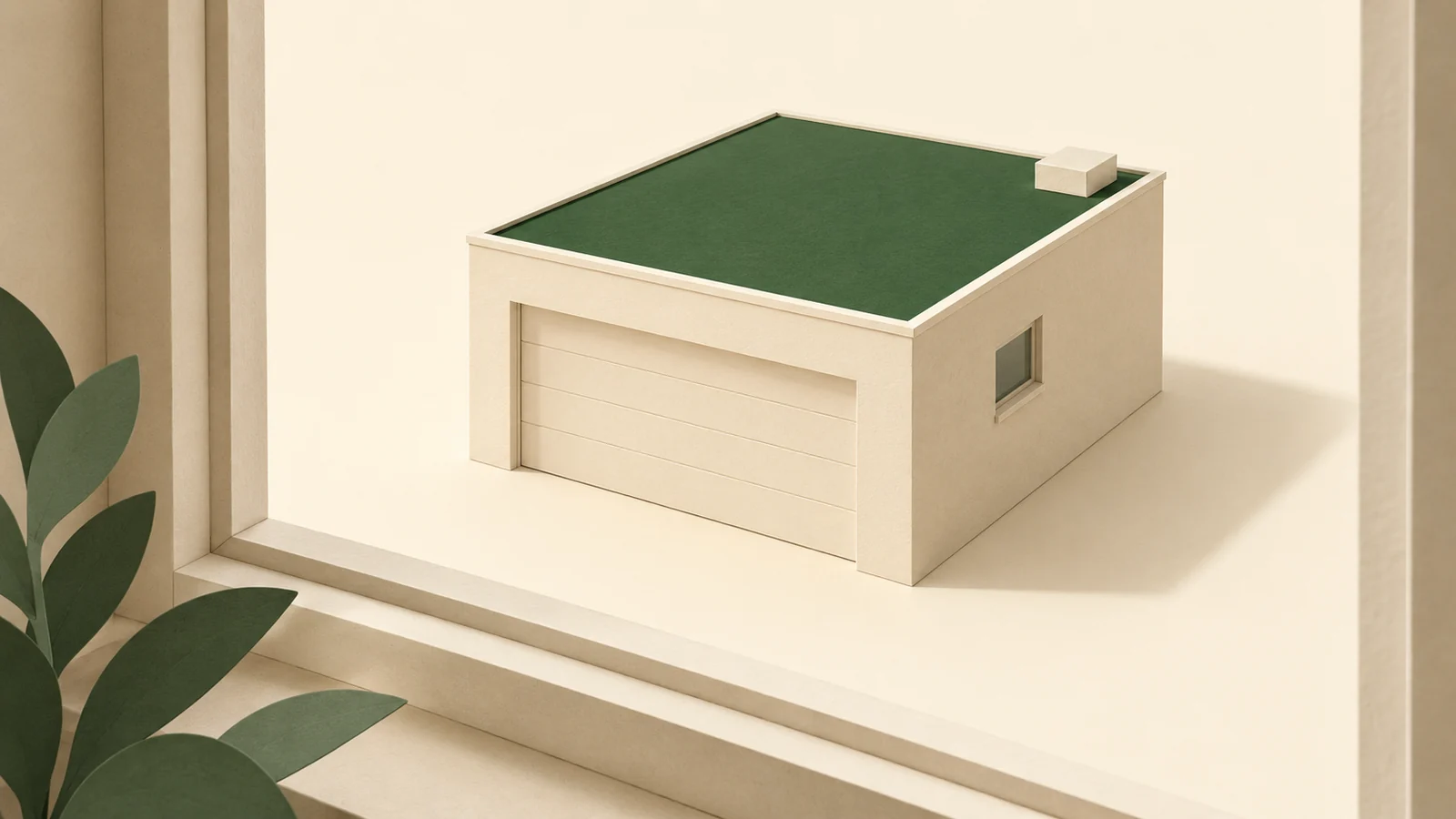 Maquette de garage vue à travers une fenêtre, avec un rectangle de papier vert sur le toit