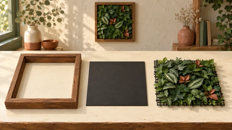 Illustration des éléments d’un tableau végétal : cadre, support et panneau de feuillage artificiel.