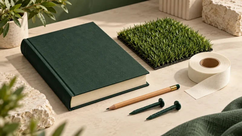 Livre, échantillon de gazon et accessoires illustrant le vocabulaire du projet
