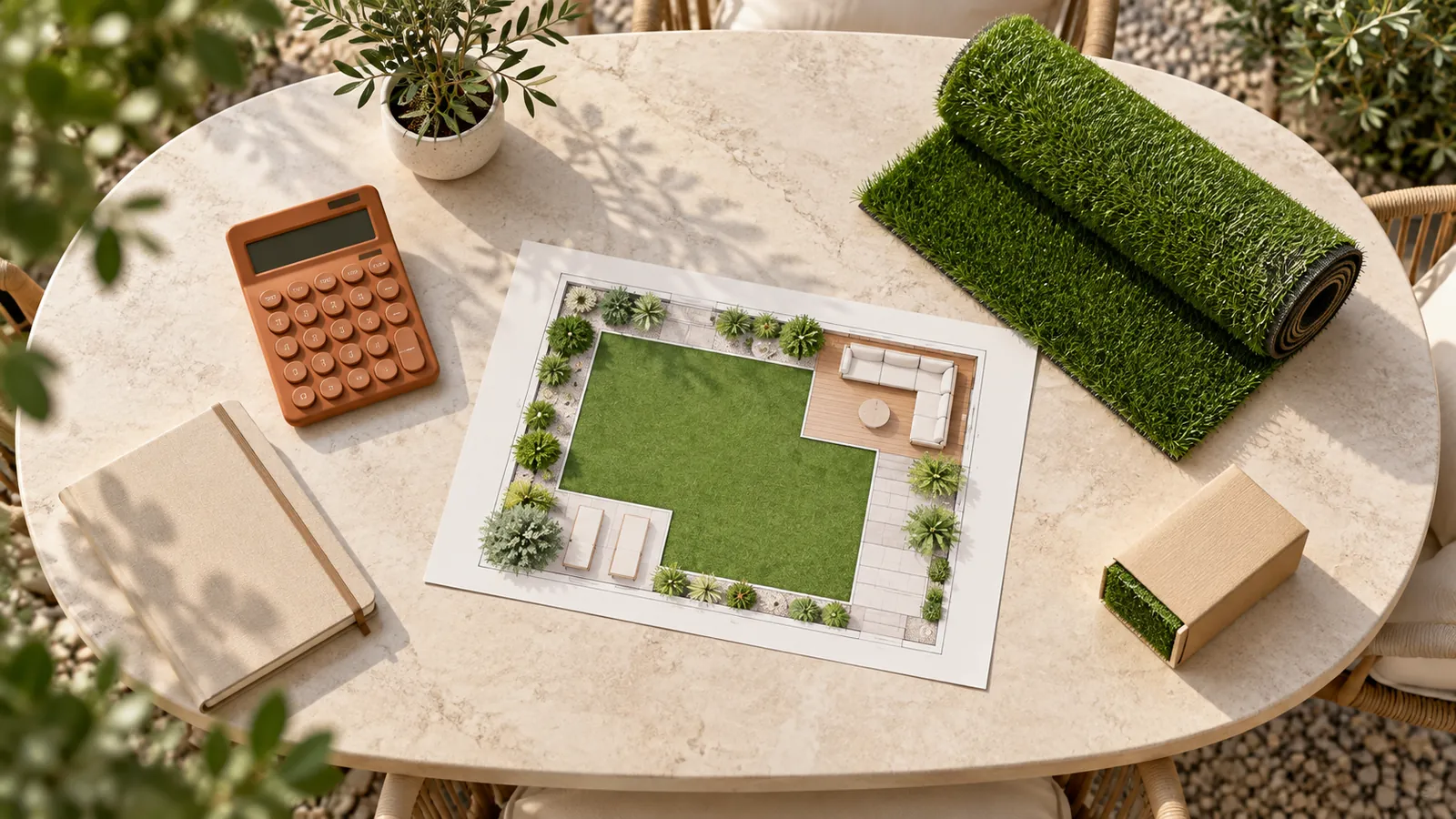 Plan de jardin, calculatrice, carnet et rouleau pour préparer le budget complet