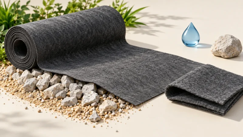 Rouleau de géotextile associé à des éléments évoquant le support et le passage de l’eau
