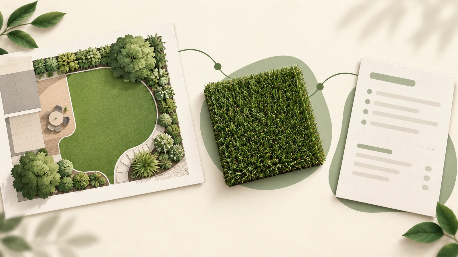 Plan de jardin, échantillon de gazon et récapitulatif de commande illustrés