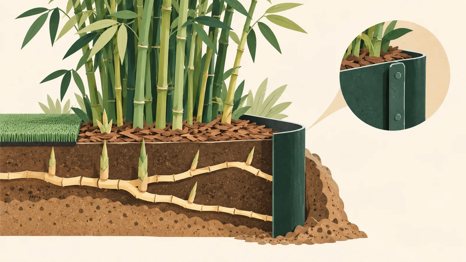 Bambou, rhizomes et barrière verticale avec raccord accessible à contrôler