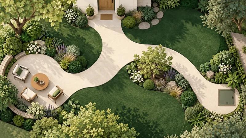 Plan de jardin organisé autour d’un parcours continu reliant plusieurs zones
