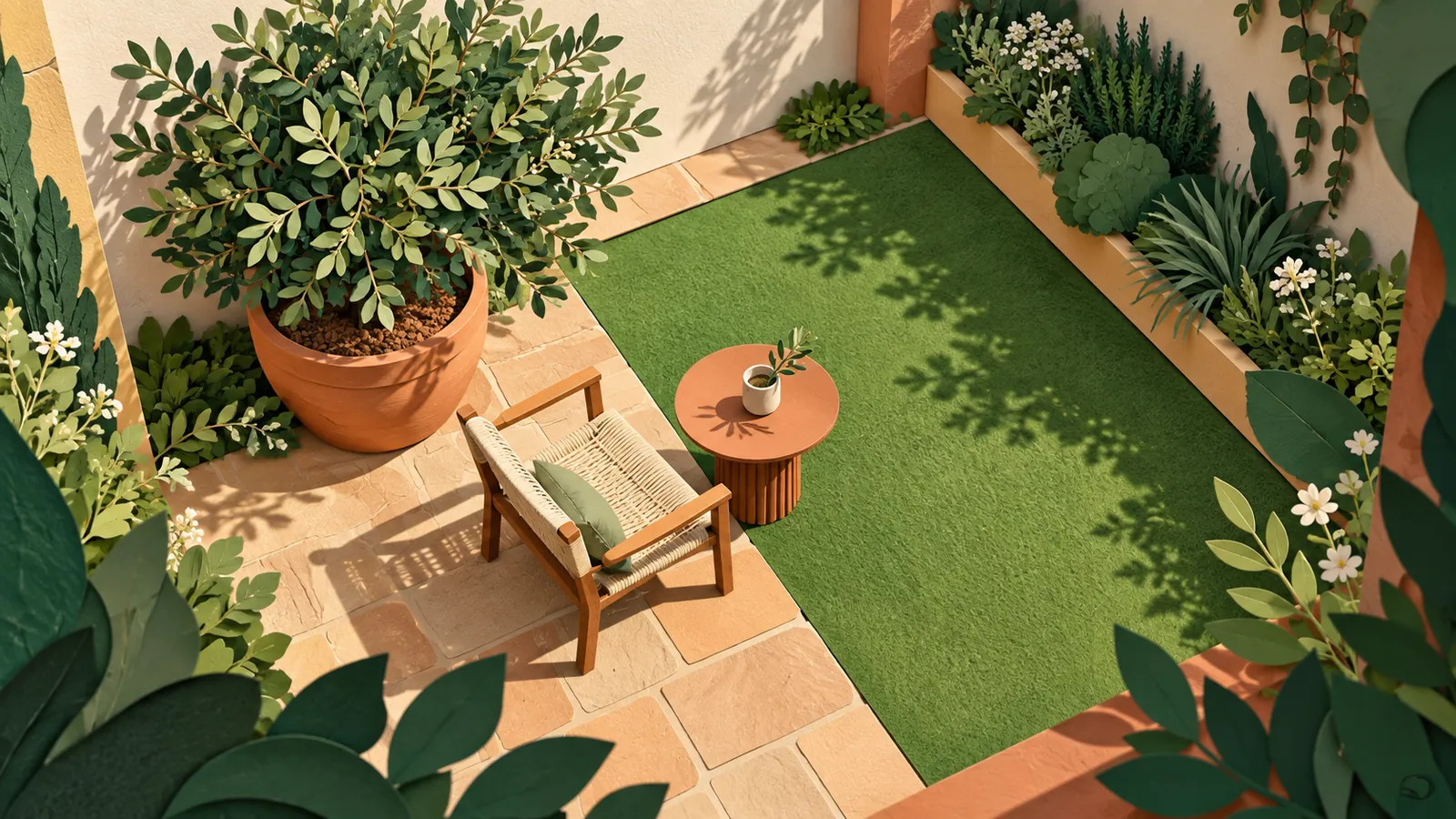 Illustration d’une petite cour associant plantes en pot, dallage et surface de gazon synthétique