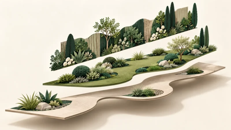 Trois éléments de projet de jardin : parcours, zone verte et écran végétal