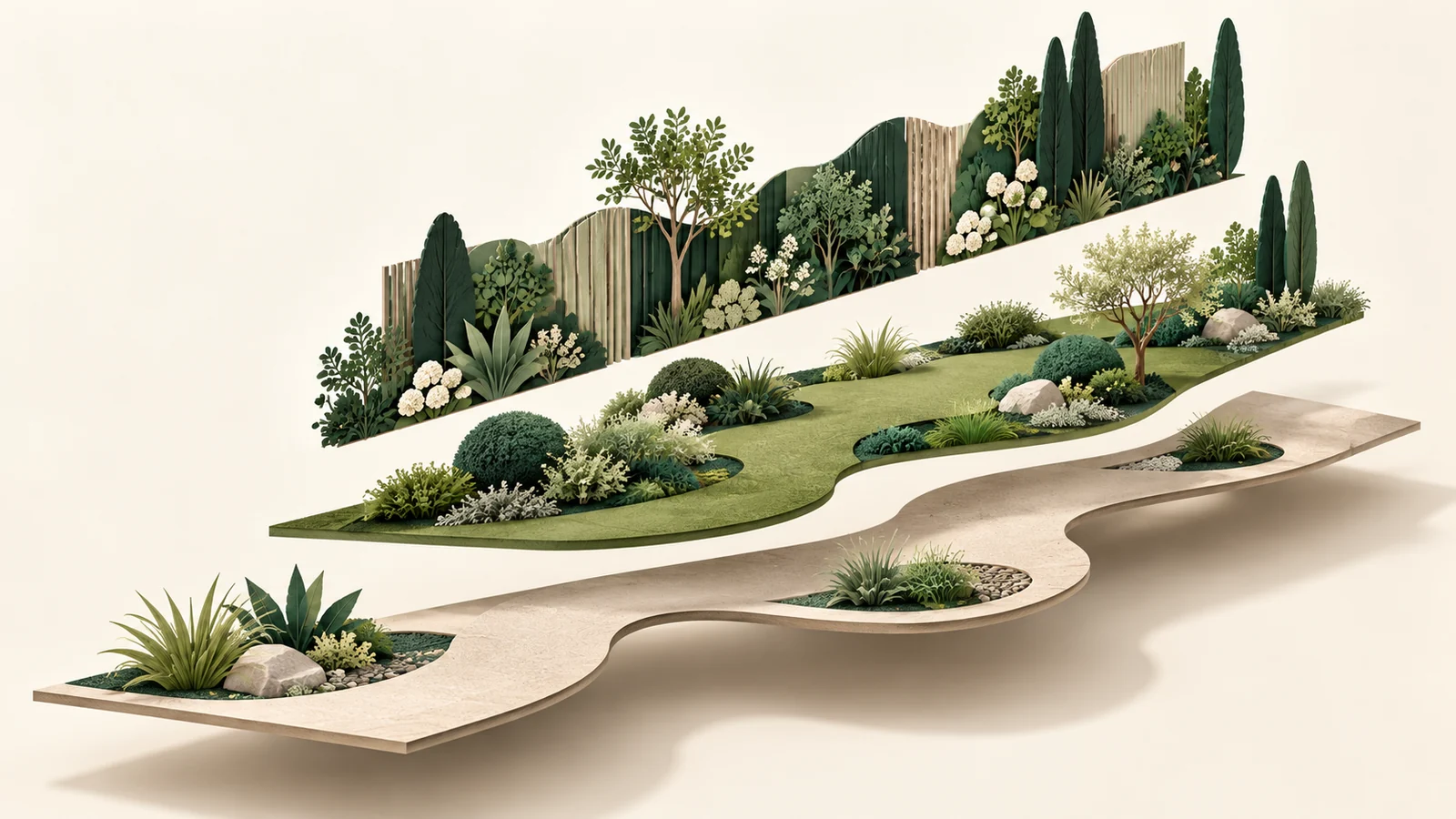 Trois éléments de projet de jardin : parcours, zone verte et écran végétal