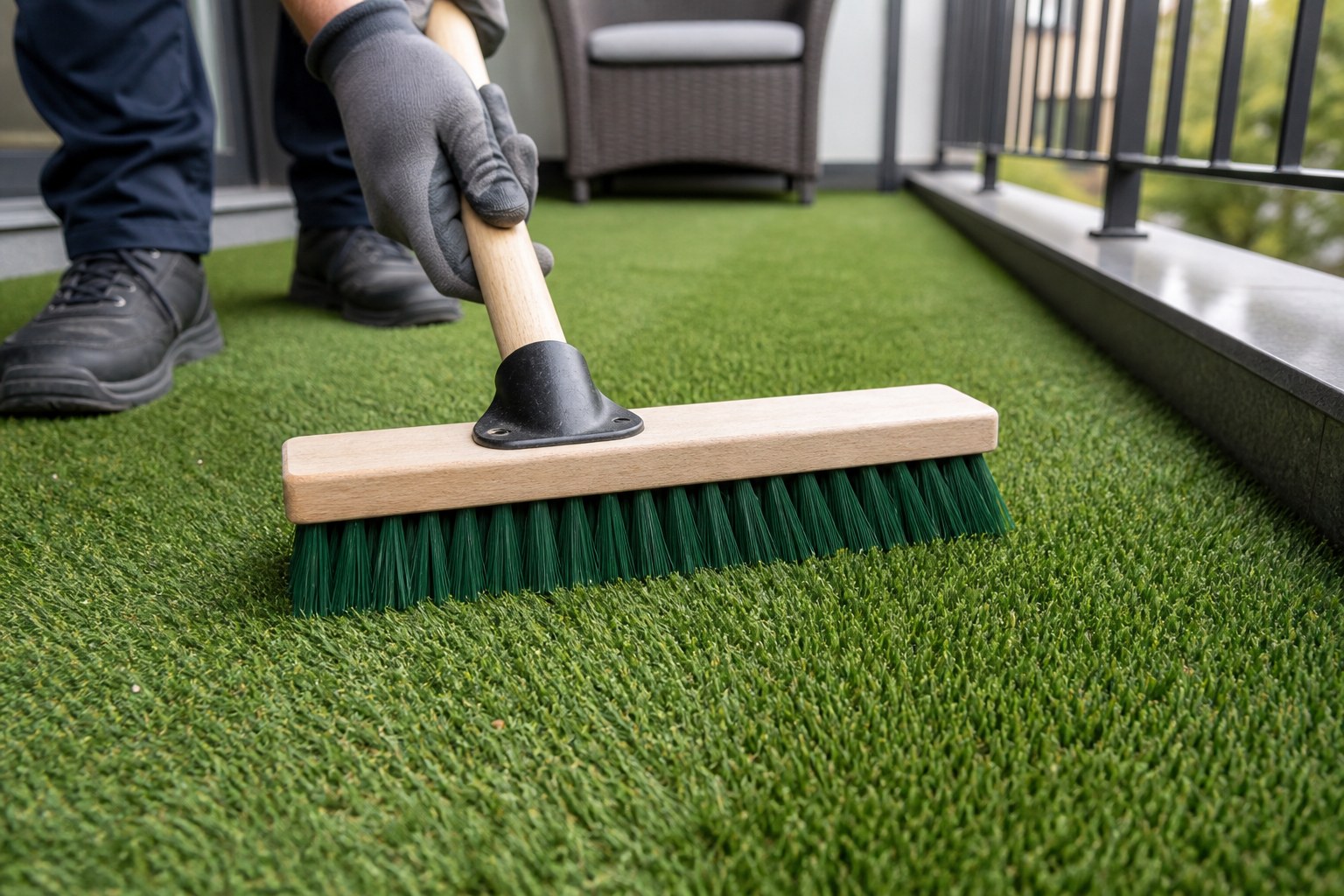 Balai brosse passé à contre-fibre sur un gazon synthétique