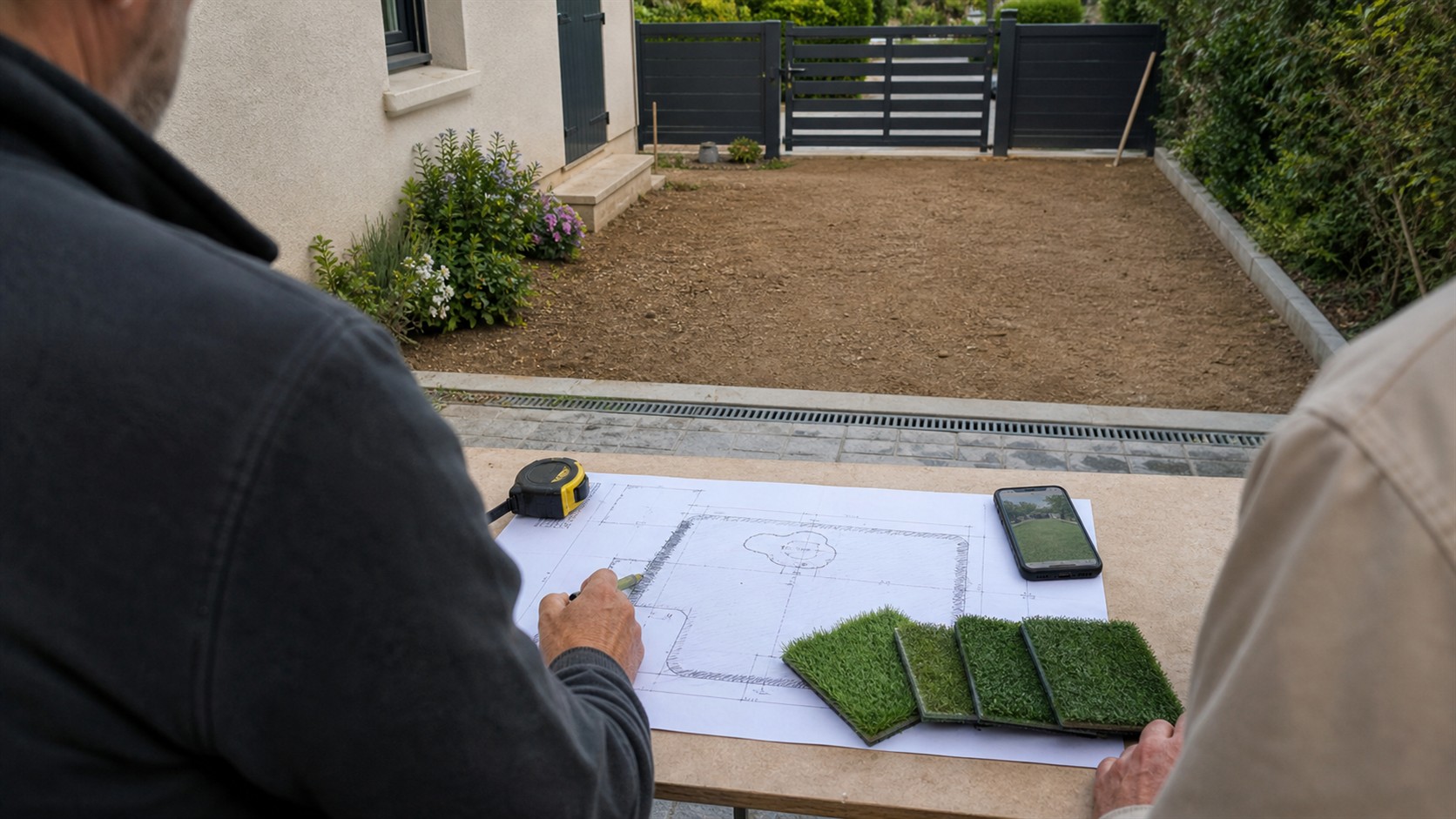 Préparation des accessoires pour fixer un gazon synthétique sur terre