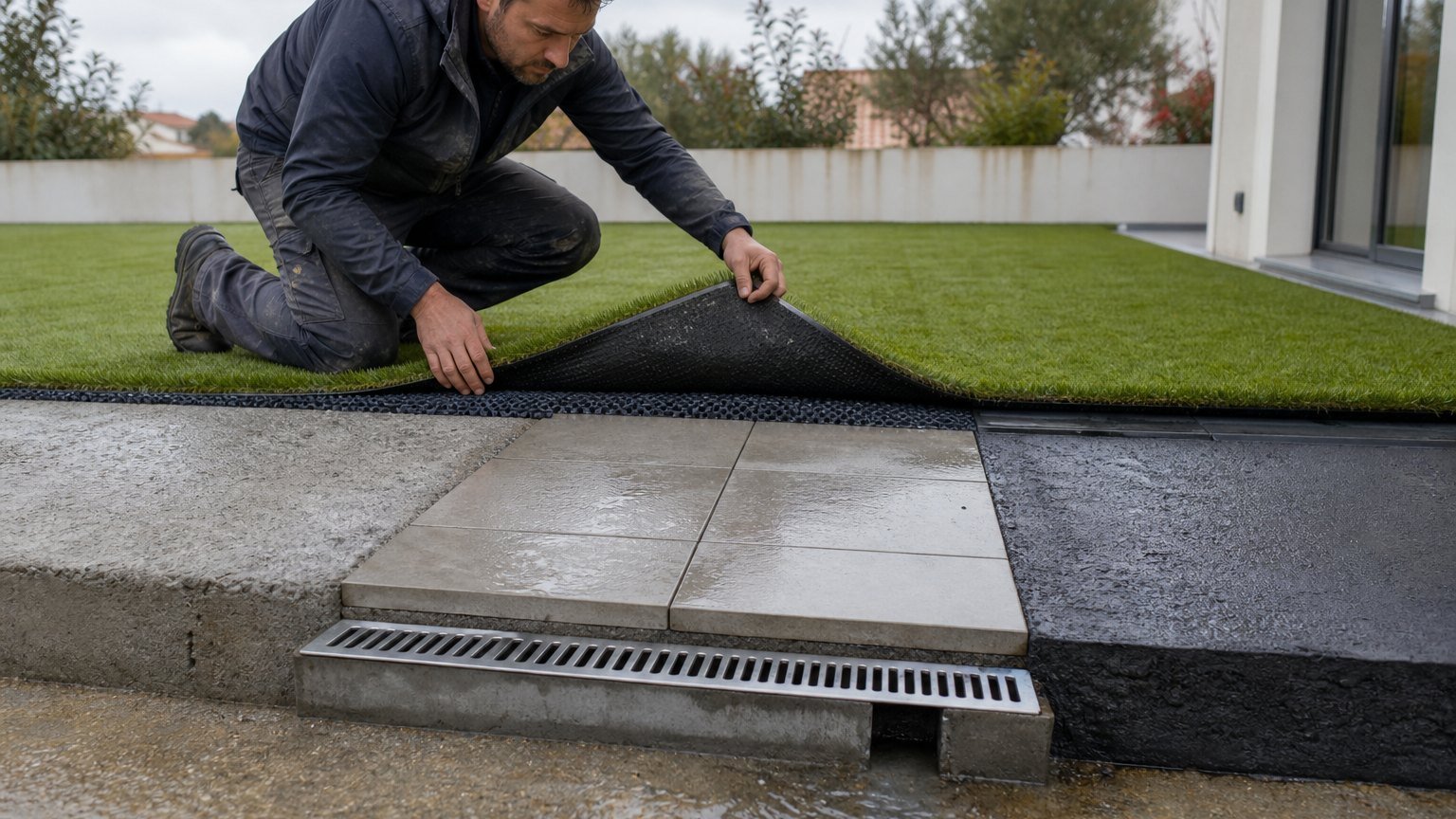 Contrôle du drainage avant la pose d'un gazon synthétique sur dalle