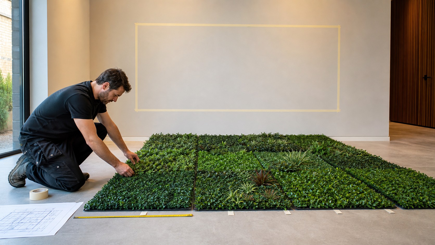 Préparation des panneaux d'un tableau végétal artificiel intérieur