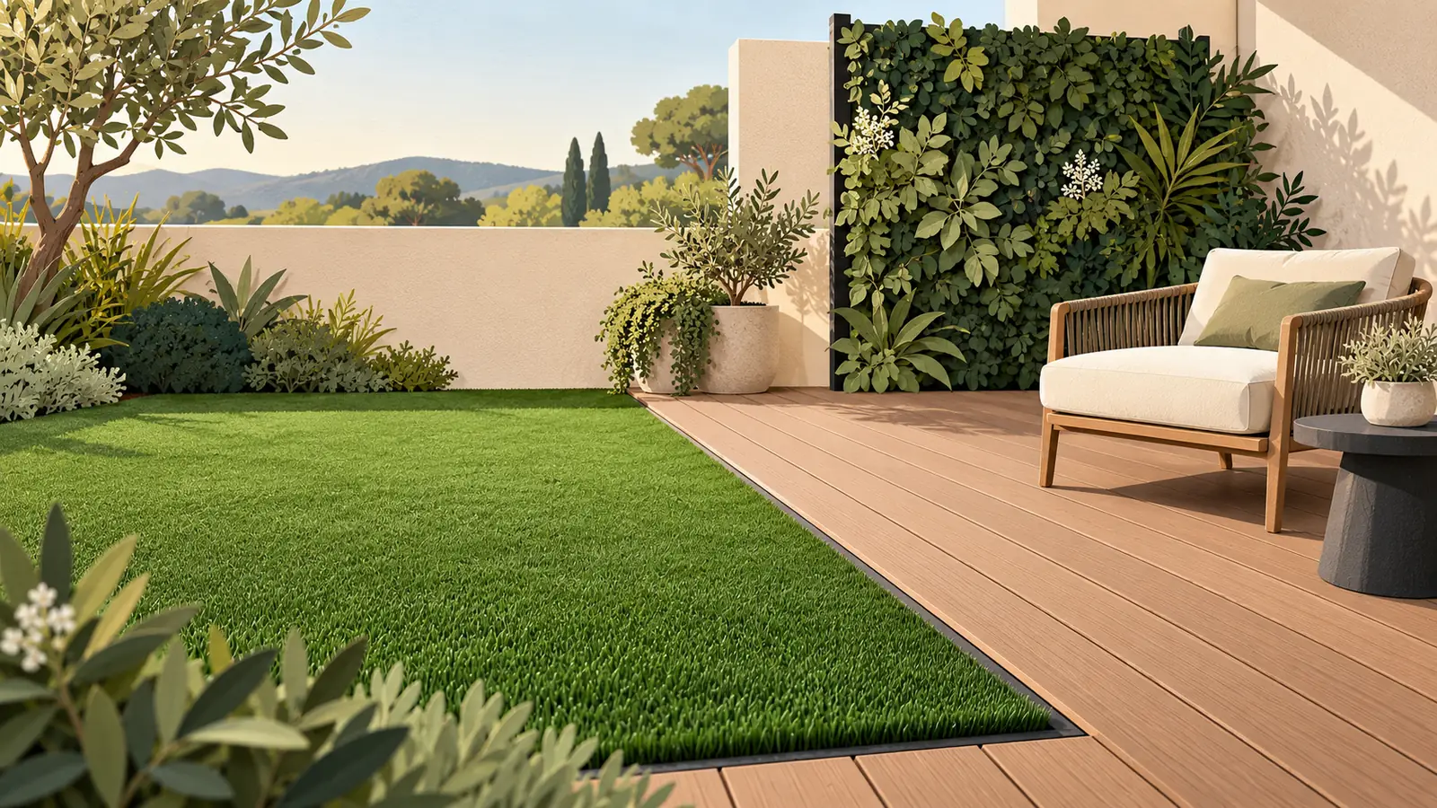 Illustration d’un extérieur associant gazon synthétique, terrasse aux tons bois et écran de feuillage.