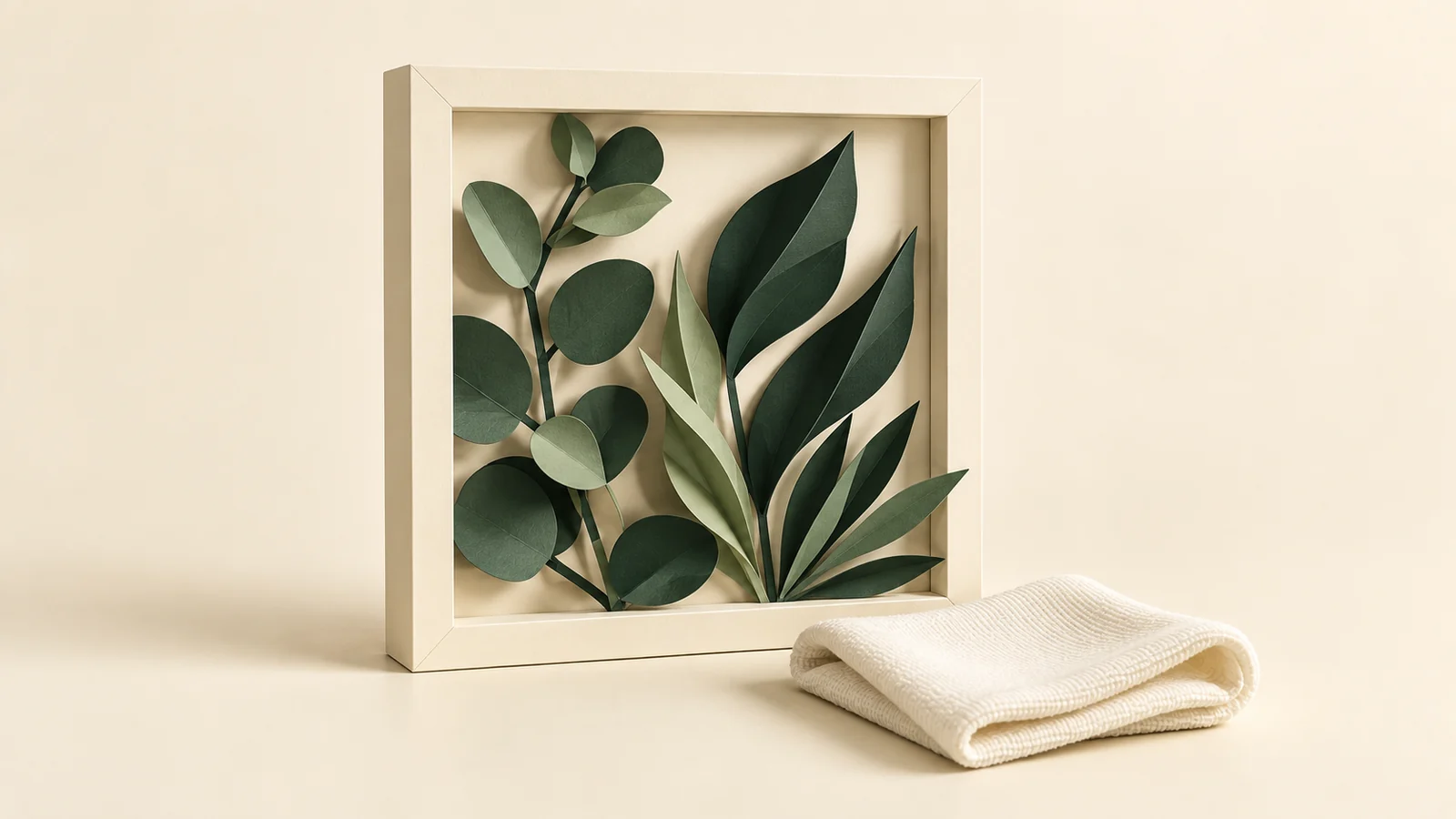 Cadre de feuilles en papier vert avec un chiffon doux posé près du bord