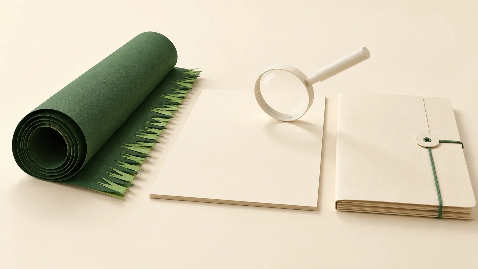 Rouleau de papier vert, surface nue examinée à la loupe et dossier de préparation
